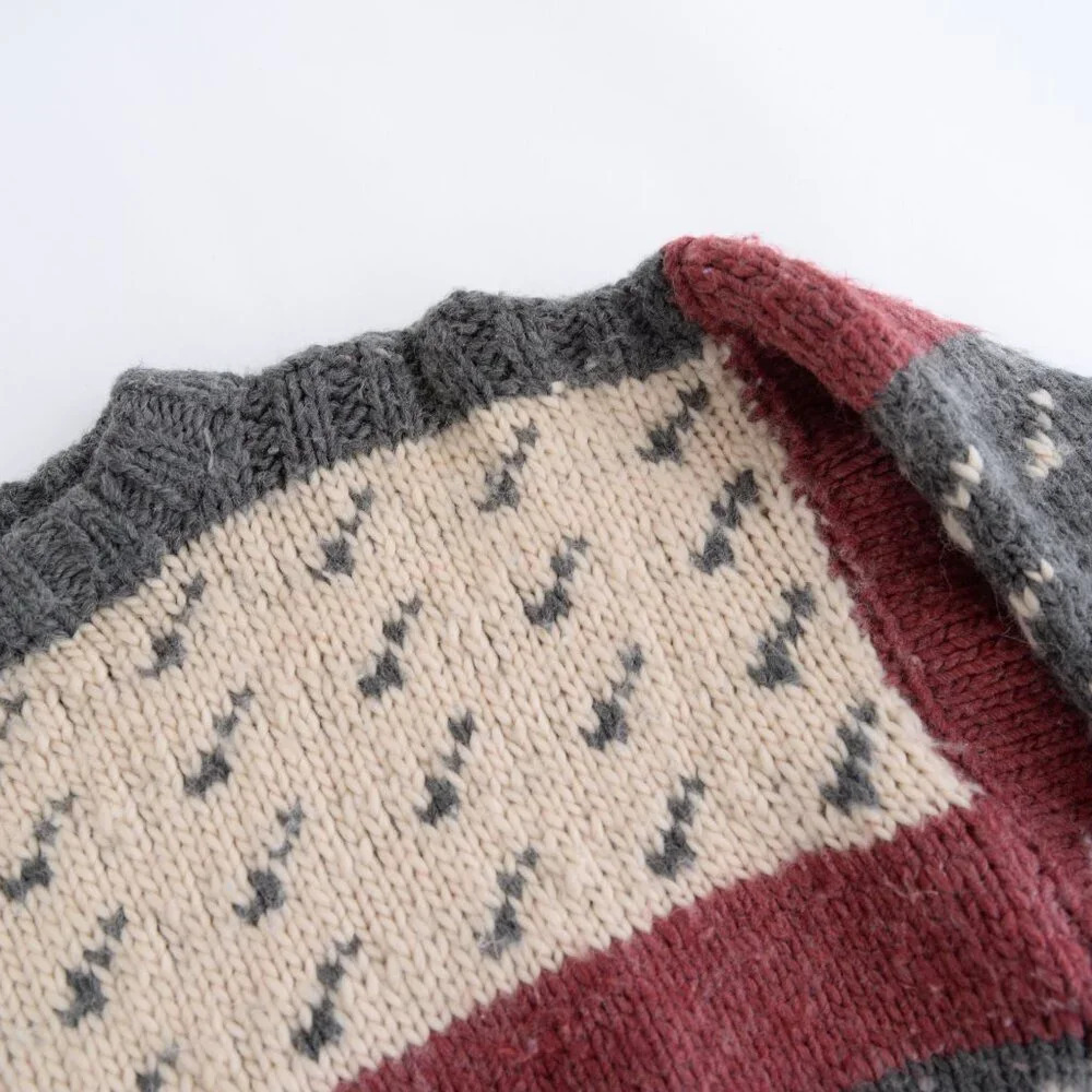 Handmade Unisex Cream And Gray Wool Crew Neck Sweater - Picture 9 of 9